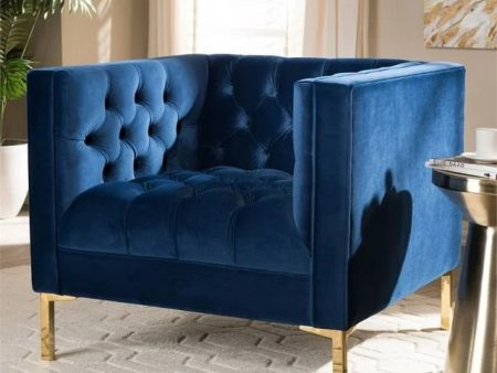 Zanetta Luxe and Glamour Navy Velvet Upholstered Gold Finished Lounge Chair Online Hot Sale