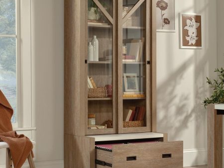 4-Shelf Bookcase with Doors in Brushed Oak - Rustic Farmhouse Style Online now