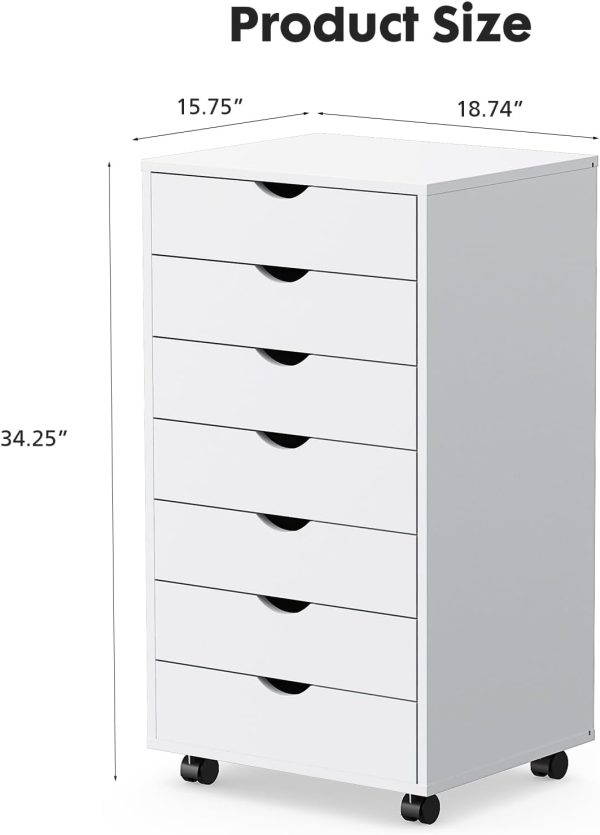 Sweetcrispy 7 Drawer Chest - Storage Cabinets Dressers Wood Dresser Cabinet with Wheels Mobile Organizer Drawers for Office, Bedroom, Home, White Supply