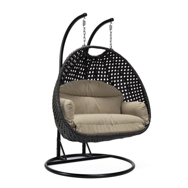 LeisureMod MendozaWicker Hanging 2 person Egg Swing Chair in Taupe Cheap