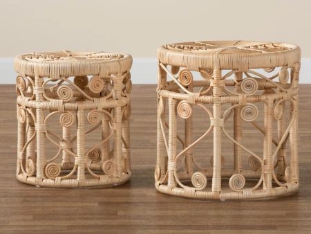 Bohemian Natural Brown Rattan 2-Piece Nesting End Table Set Sale