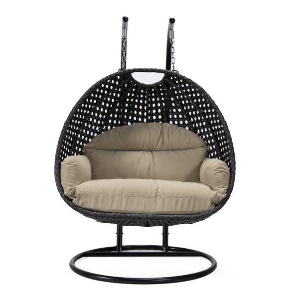 LeisureMod MendozaWicker Hanging 2 person Egg Swing Chair in Taupe Cheap