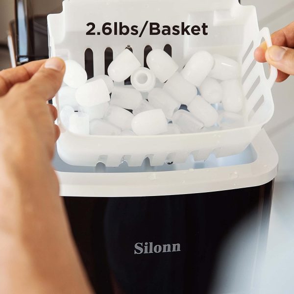 Silonn Ice Maker Countertop, 9 Cubes Ready in 6 Mins, 26lbs in 24Hrs, Self-Cleaning Ice Machine with Ice Scoop and Basket, 2 Sizes of Bullet Ice for Home Kitchen Office Bar Party Discount