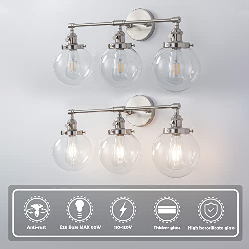 Nickel Bathroom Vanity Lights Fixtures with Switch, 3-Light Brushed Modern Industrial Style, 5.9   HandBlown Frosted Glass Globe Shade Online Sale