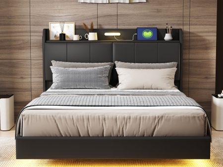 Walker Edison | Modern Upholstered Platform Queen Bed with Floating Bed Frame & Storage Headboard Cheap